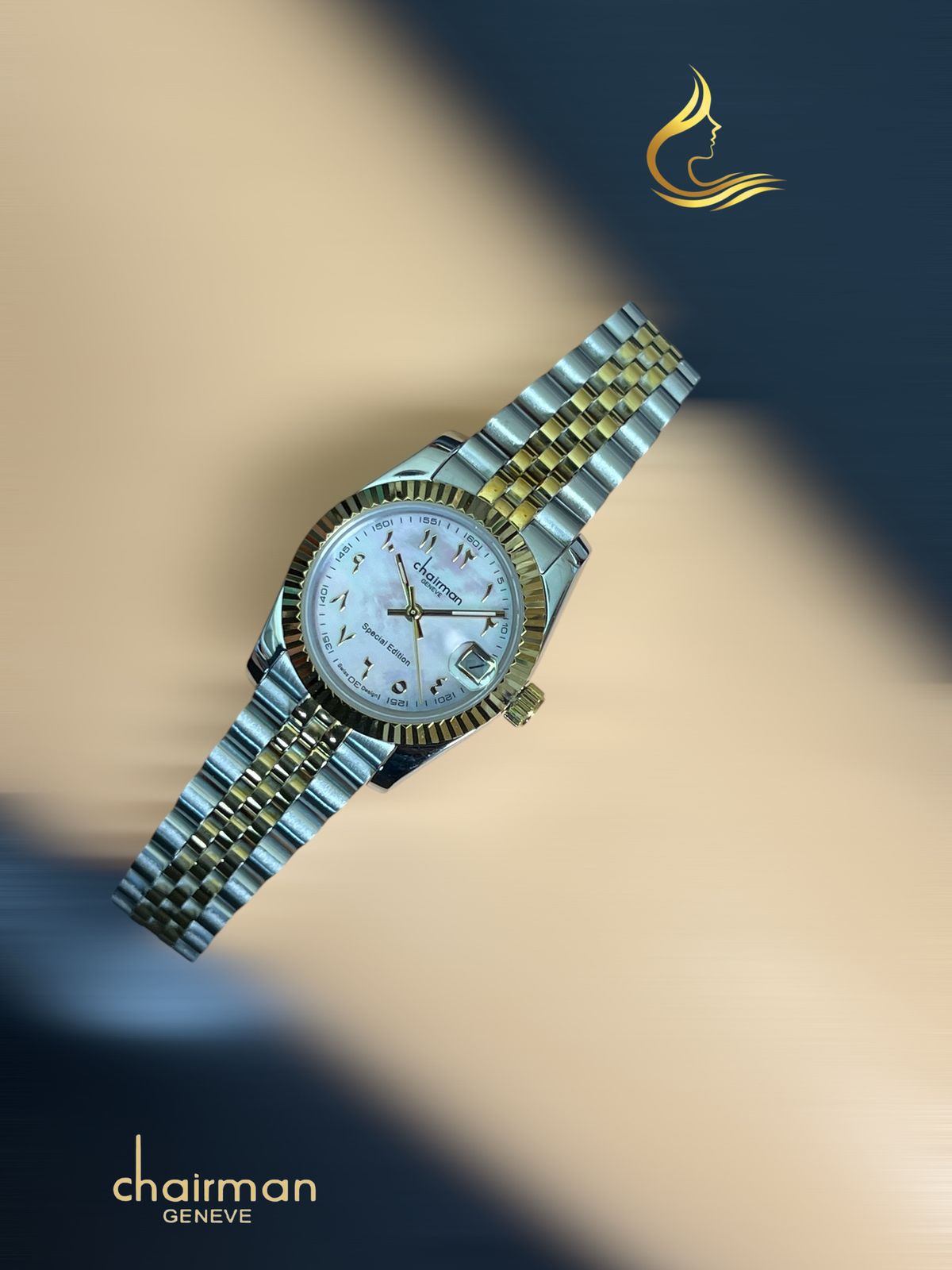 Arabic Dated White Marble Dial Chairman Geneve Silver And Gold Chain Ladies  Watch
