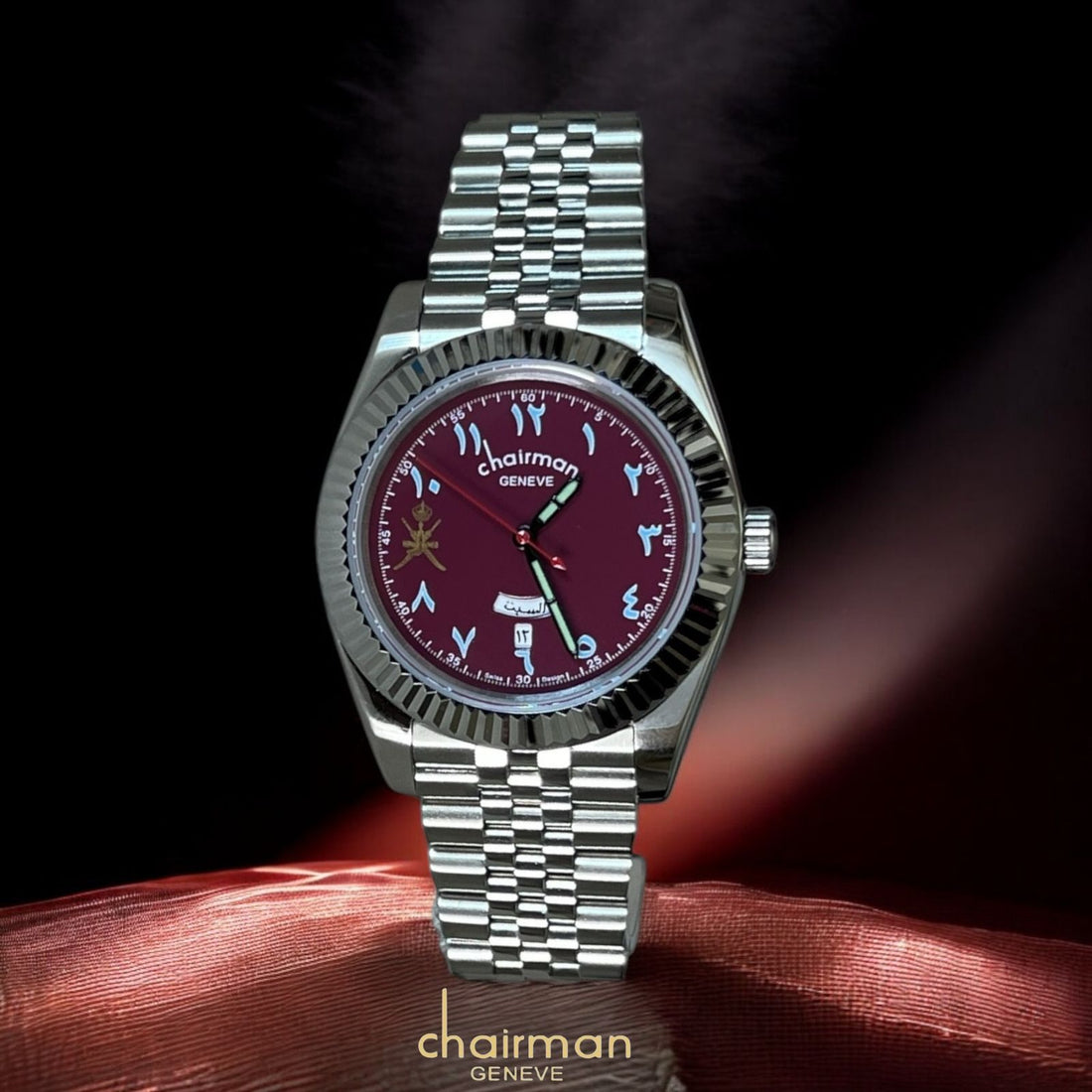 ساعة Chairman Geneve Dated Arabic Maroon بسلسلة فضية للرجال