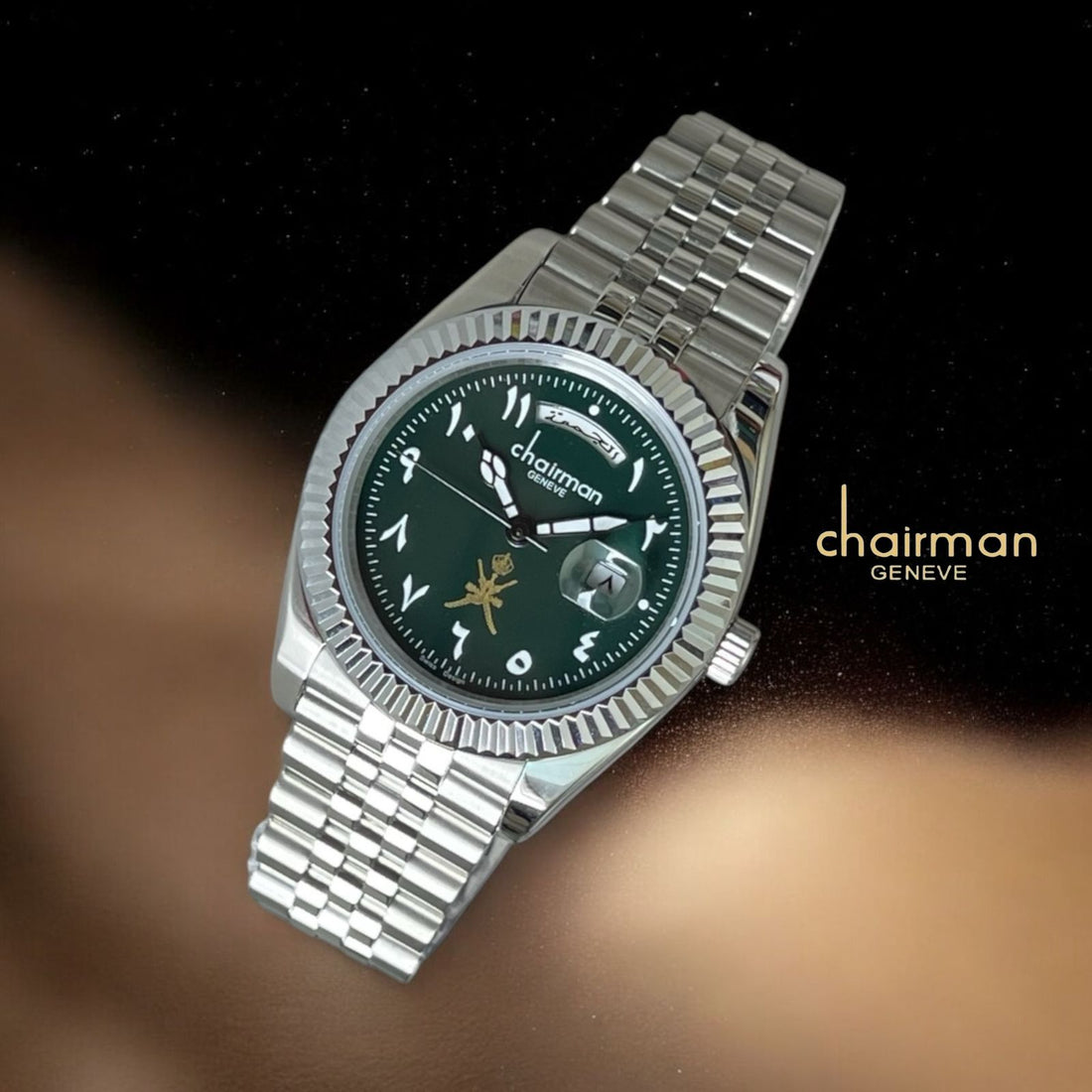 ساعة Chairman Geneve Green للرجال بمينا عربية وسلسلة فضية