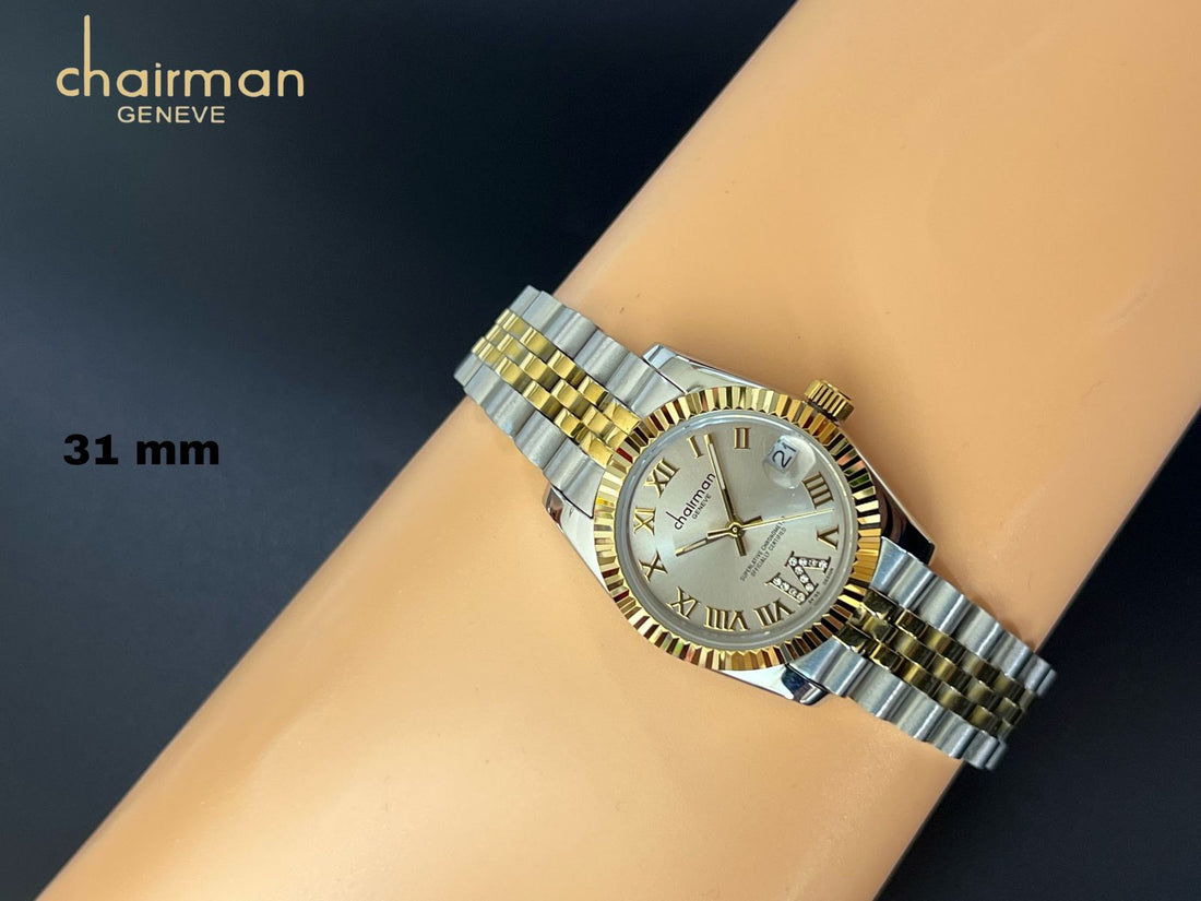 ساعة Chairman Geneve Grey Dated Roman Dial Silver Gold Chain للرجال