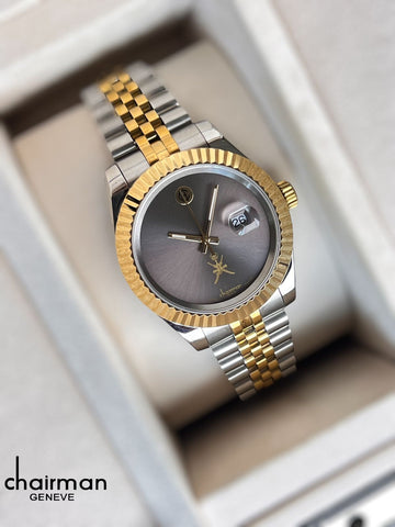 Chairman Geneve OMAN Emblem Dated Grey Dial Silver And Gold Chain Gents Watch