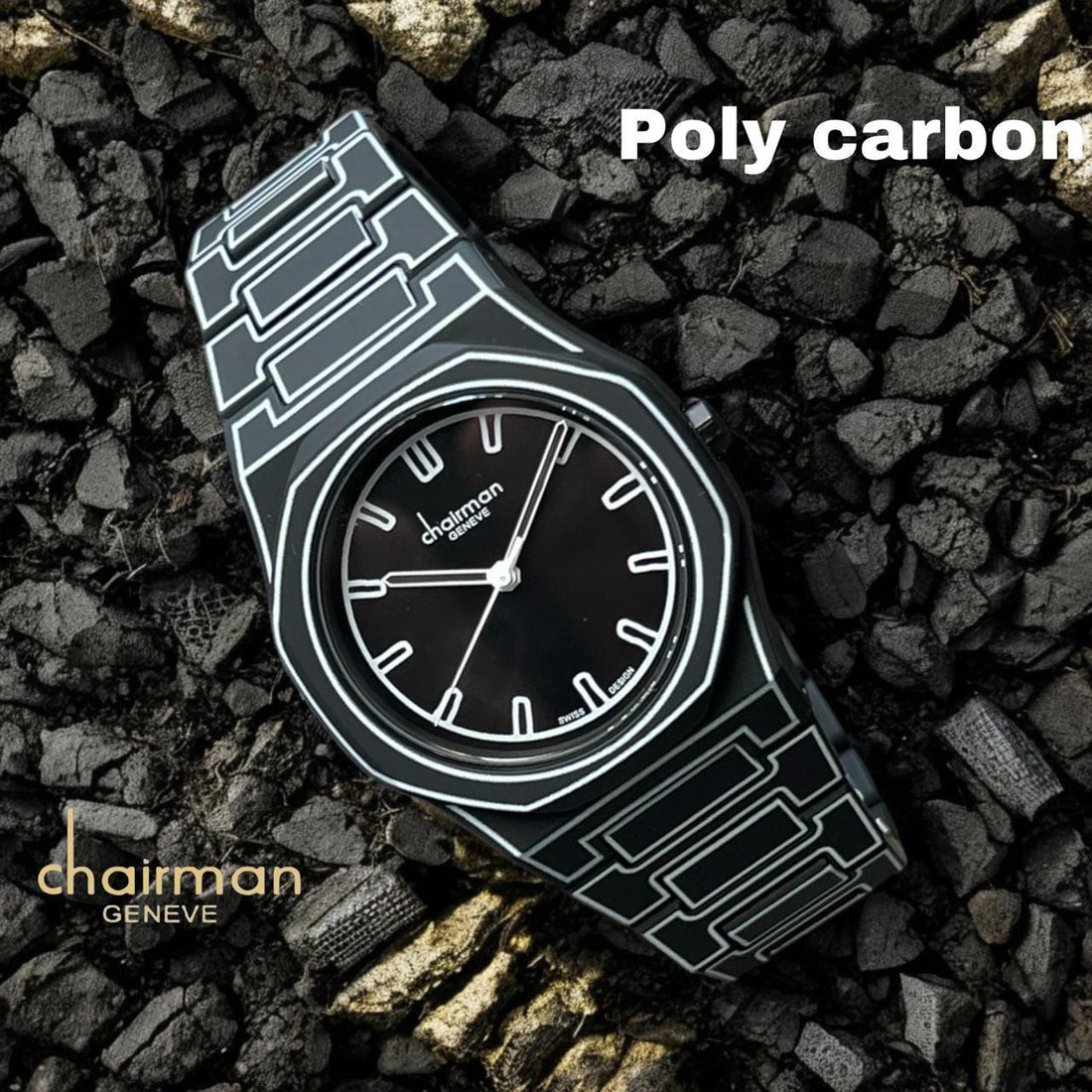 ساعة Chairman Geneve Poly Carbon للرجال بسوار من المعدن باللونين الأبيض والأسود