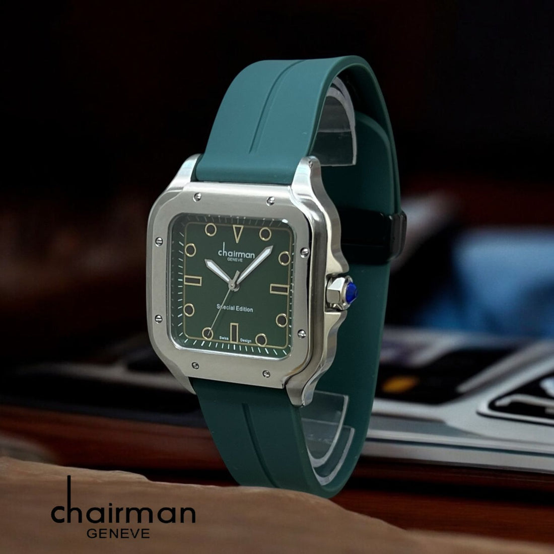 ساعة Chairman Geneve Special Edition للرجال بمينا خضراء وحزام أخضر