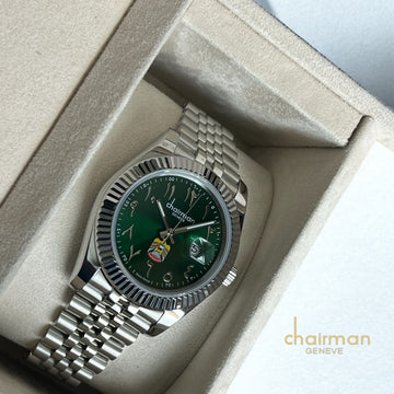 ساعة Chairman Geneve UAE Emblem عربية مؤرخة بمينا خضراء وسوار فضي للرجال