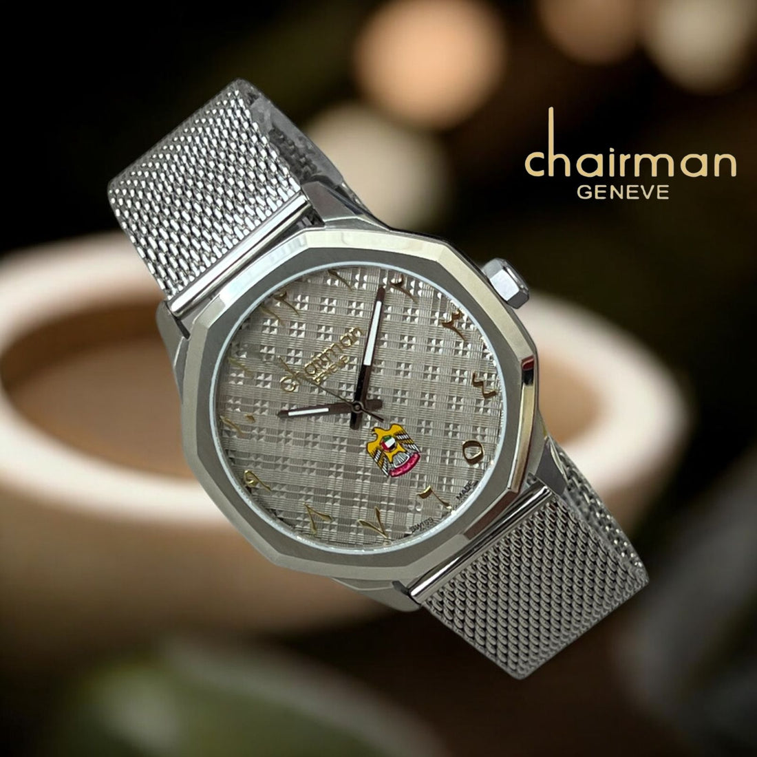 ساعة Chairman Geneve UAE Emblem عربية بمينا رمادية وسلسلة فضية للرجال