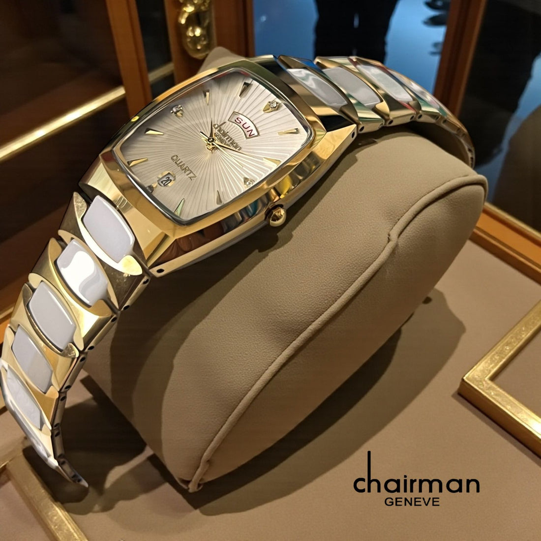 Quartz Chairman Geneve Day And Dated Off White Dial Gold And White Chain Gents Watch
