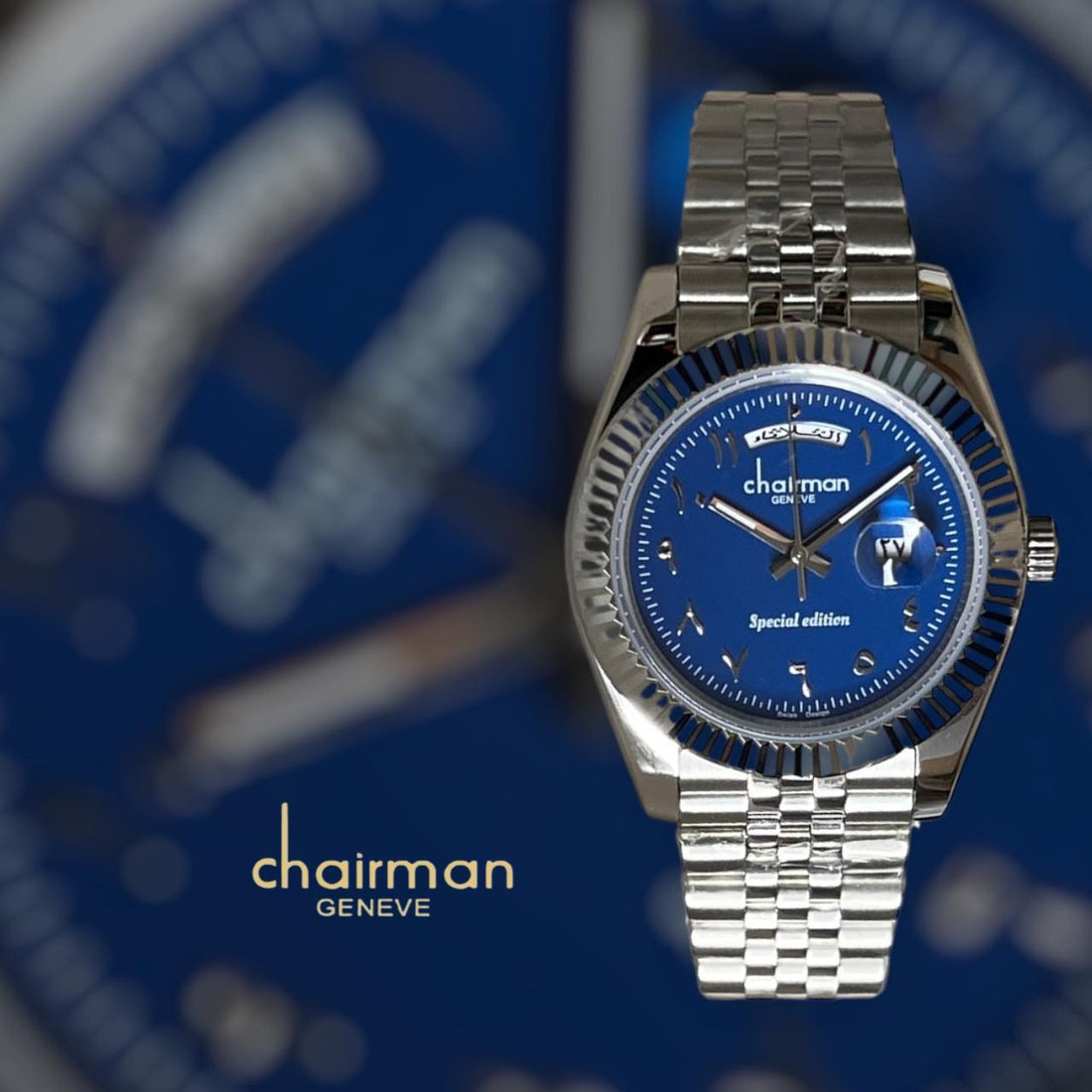 Special Edition Chairman Geneve Arabic Day And Dated Blue Dial Silver Chain Gents Watch