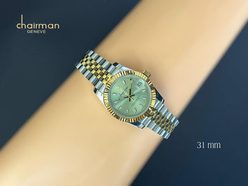 ساعة Superlative Chronometer Chairman Geneve Green Dated بمينا فضية وحزام ذهبي للرجال