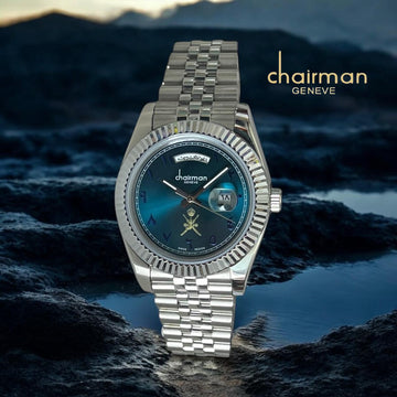 ساعة Swiss Design Chairman Geneve Day And Dated Blue Dial Silver Strap للرجال