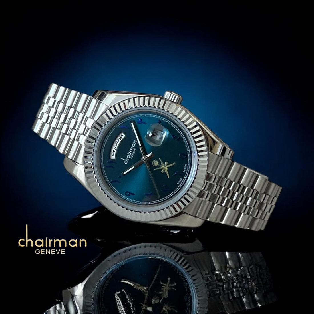 ساعة Swiss Design Chairman Geneve Day And Dated Blue Dial Silver Strap للرجال