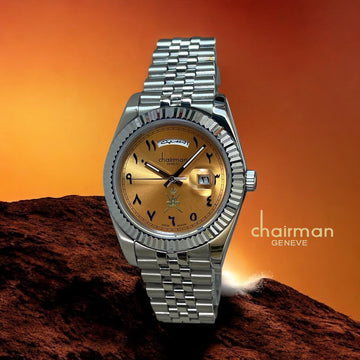 ساعة Swiss Design Chairman Geneve Day And Dated Orange Dial Silver Chain للرجال