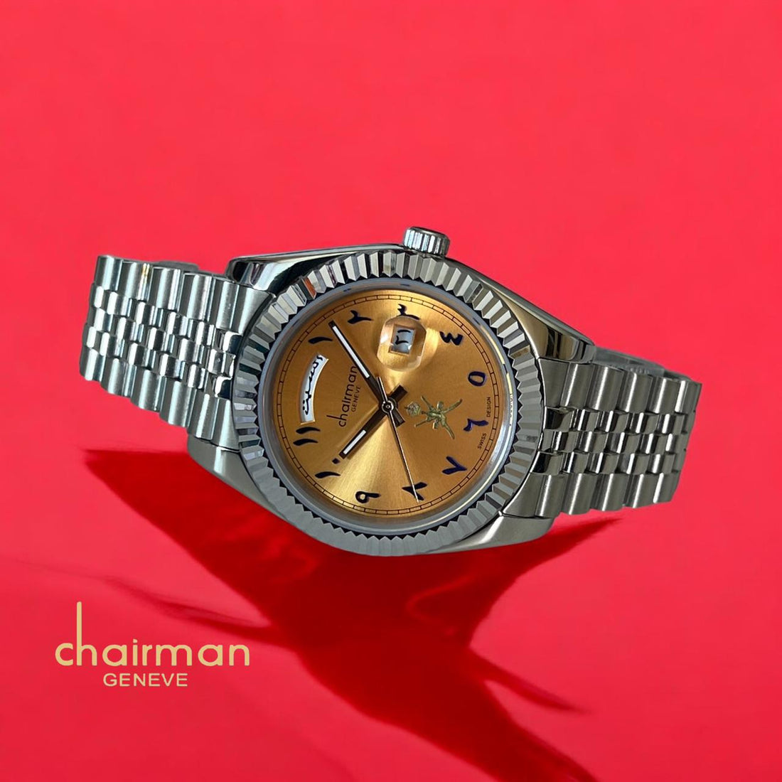 ساعة Swiss Design Chairman Geneve Day And Dated Orange Dial Silver Chain للرجال