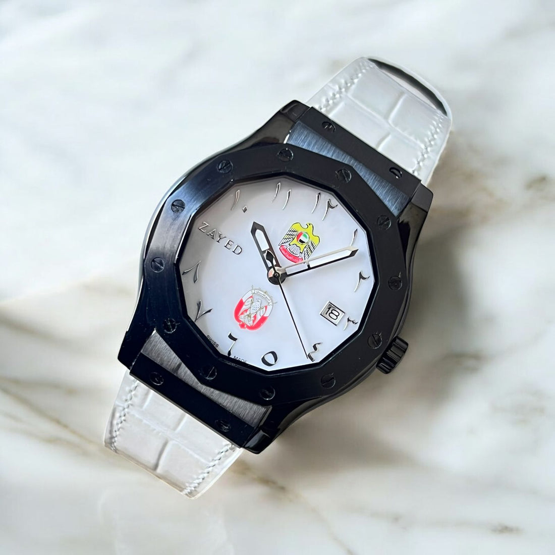 UAE ABUDHABI Emblem Chairman Geneve Zayed Dated Arabic Dial White Strap Gents Watch