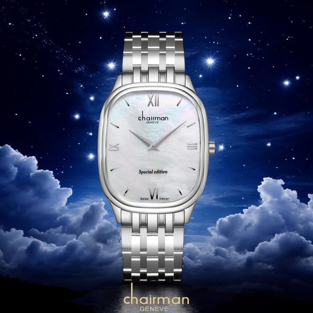 Chairman Geneve Roman White Dial Silver Chain Gents Watch