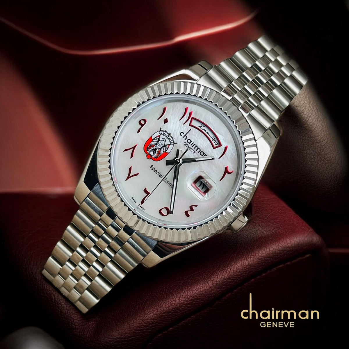 ABU DHABI Emblem Chairman Geneve Arabic Dated White Dial Silver Chain Gents Watch