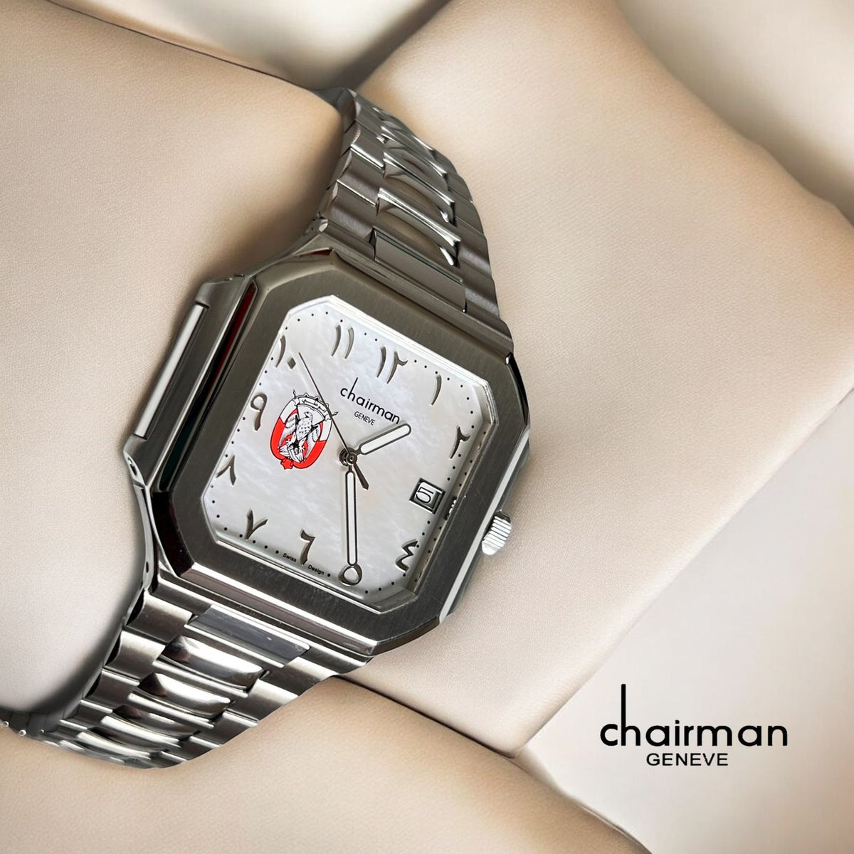 ABU DHABI Emblem Chairman Geneve Dated Arabic White Dial Silver Chain Gents Watch