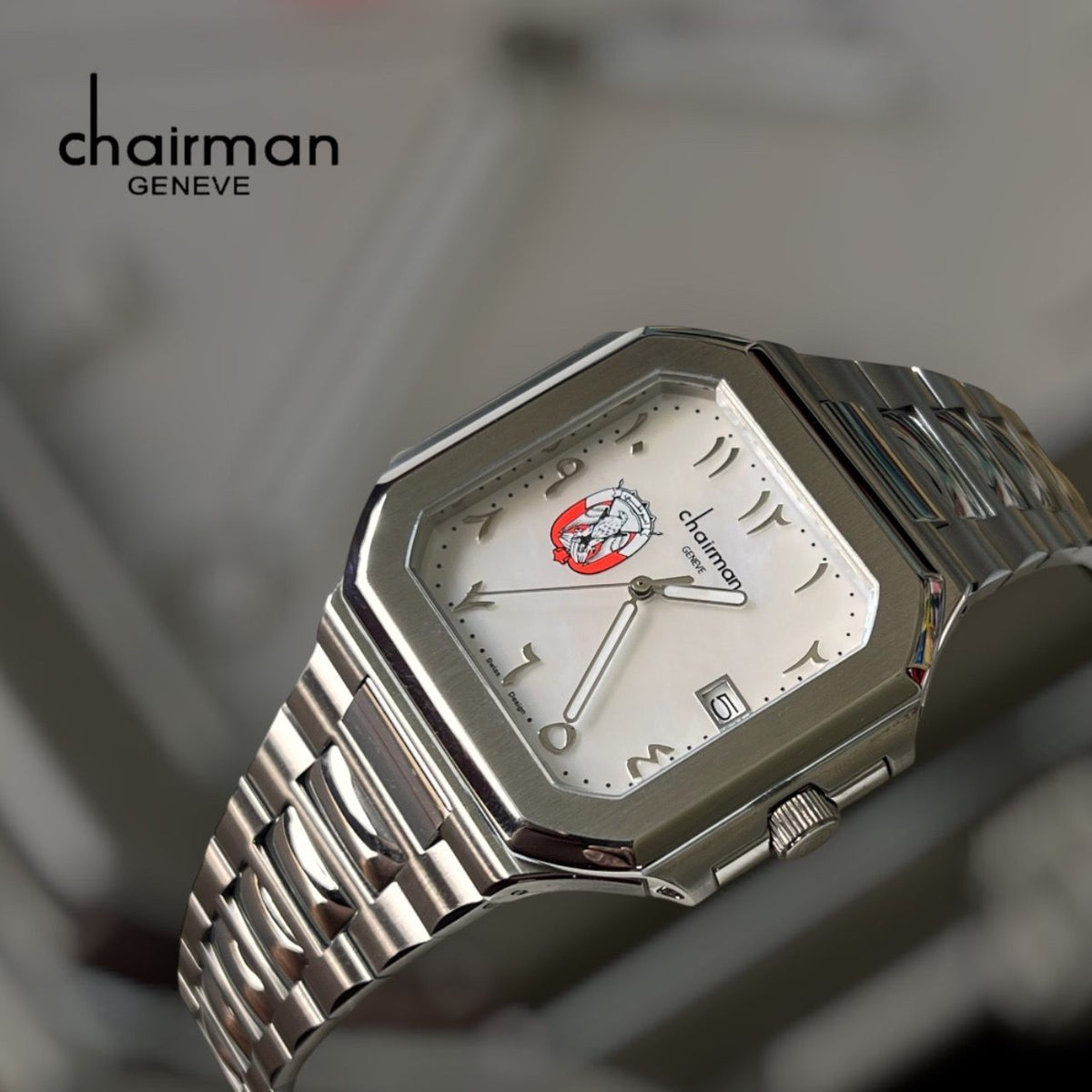 ABU DHABI Emblem Chairman Geneve Dated Arabic White Dial Silver Chain Gents Watch