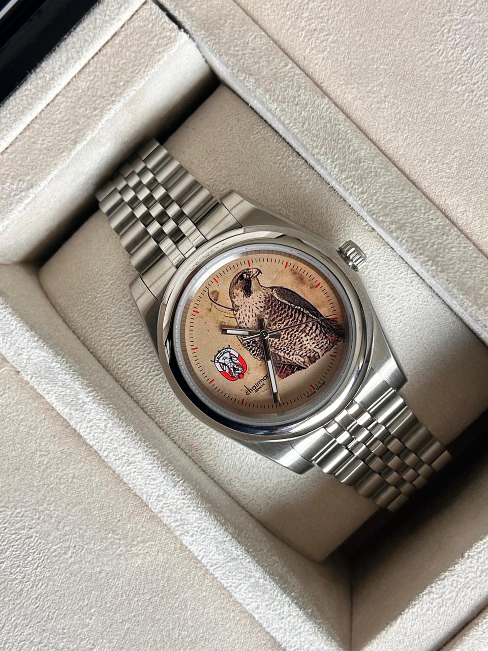 ABU DHABI Emblem Chairman Geneve Swiss Design Vintage Dial Silver Chain Gents Watch