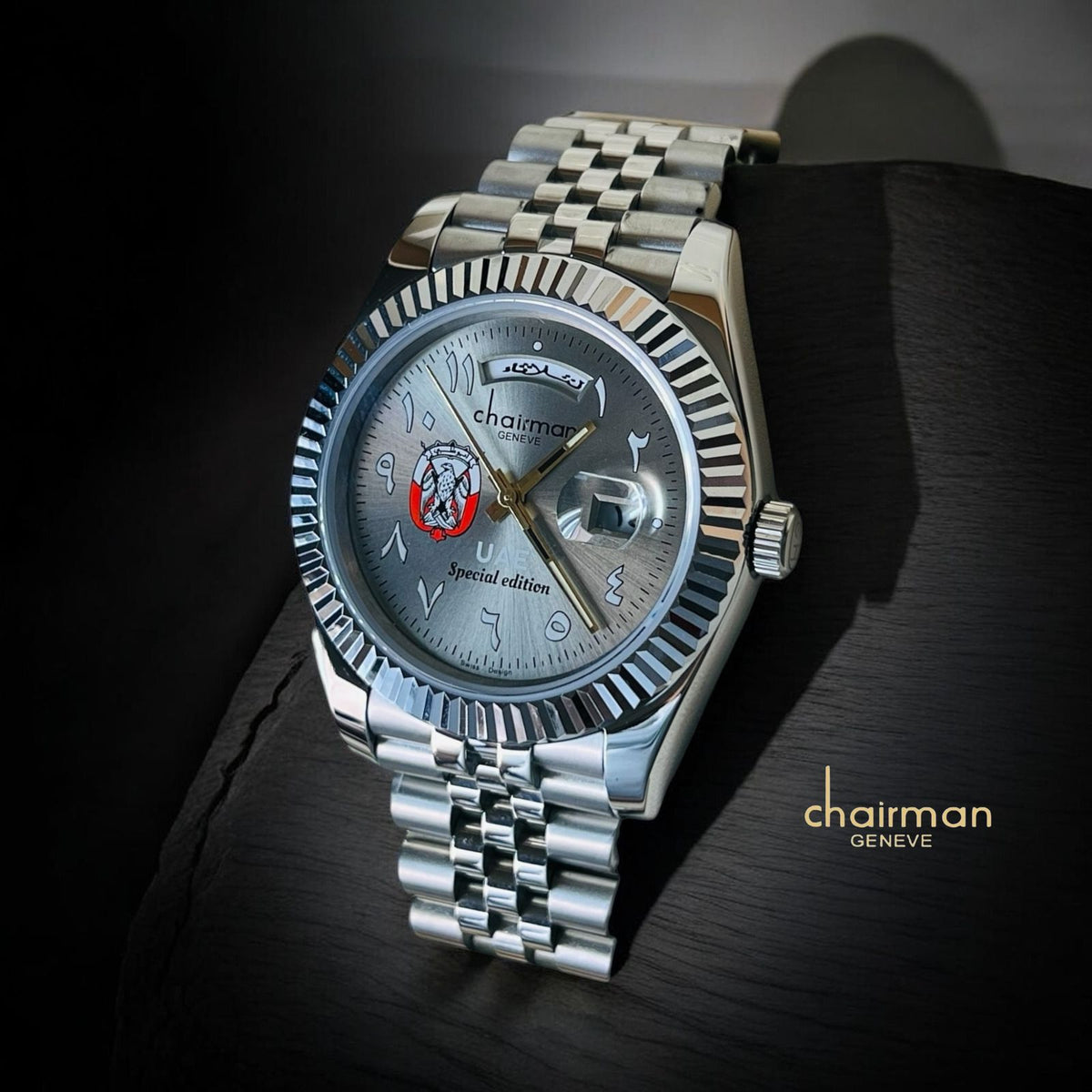 ABU DHABI Emblem Dated Arabic Grey Dial Silver Chain Gents Watch