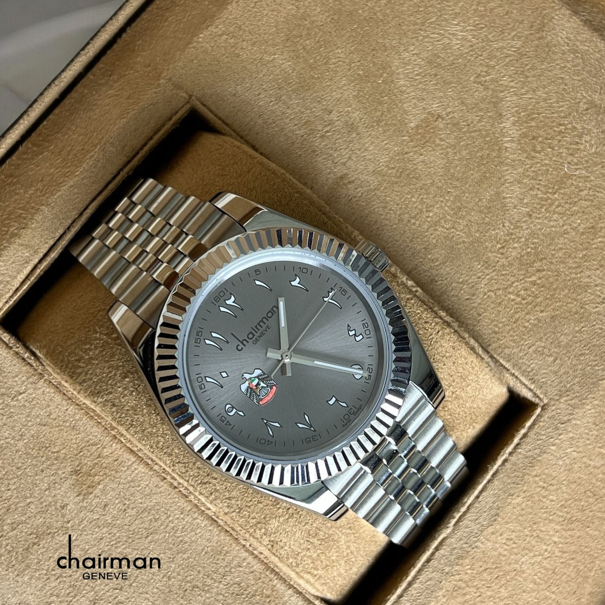 ABU DHABI Emblem Grey Arabic Dial Silver Chain Gents Watch