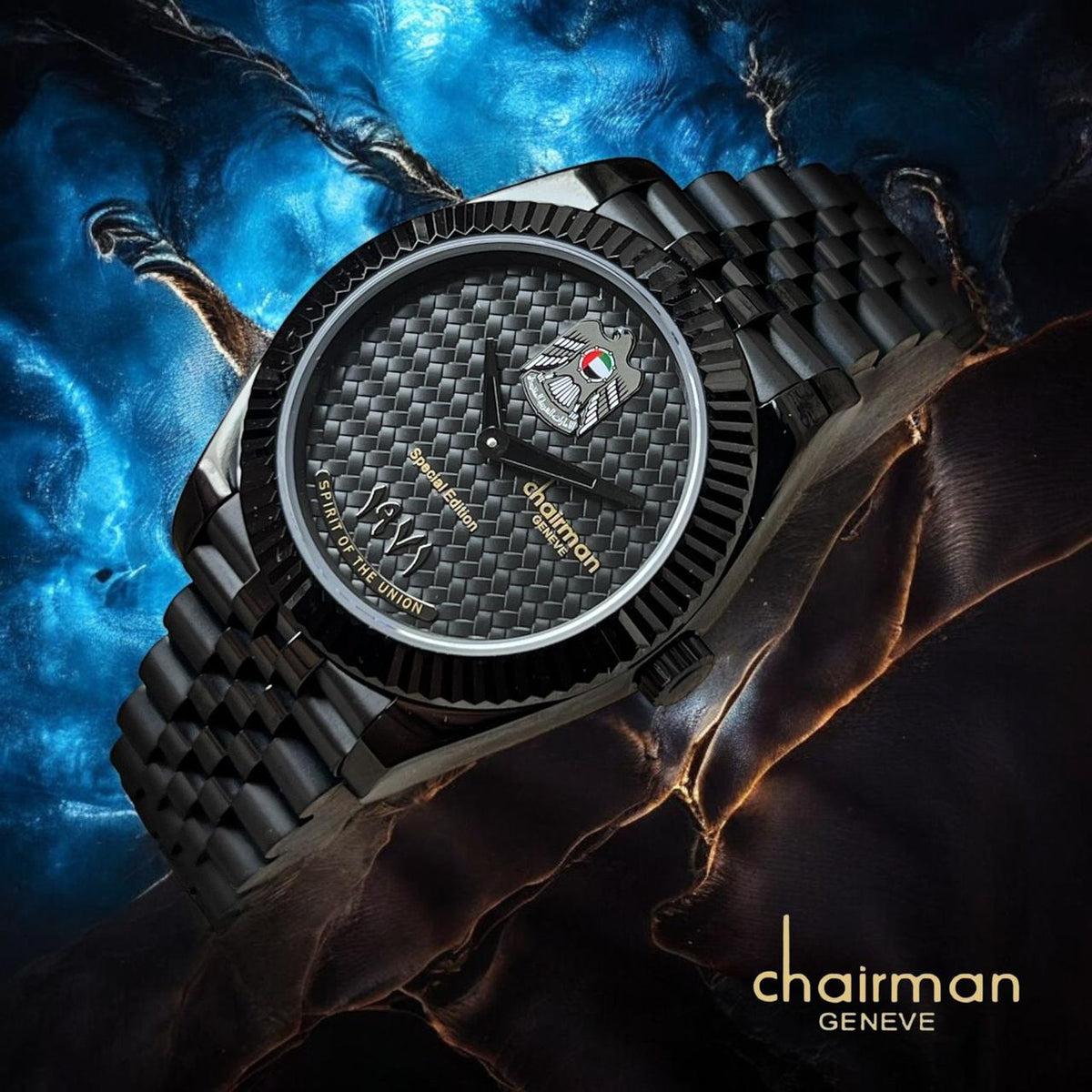 Abu Dhabi Flag Embed Watch Chairman Geneve Black Dial Swiss Made Black Chain Strap