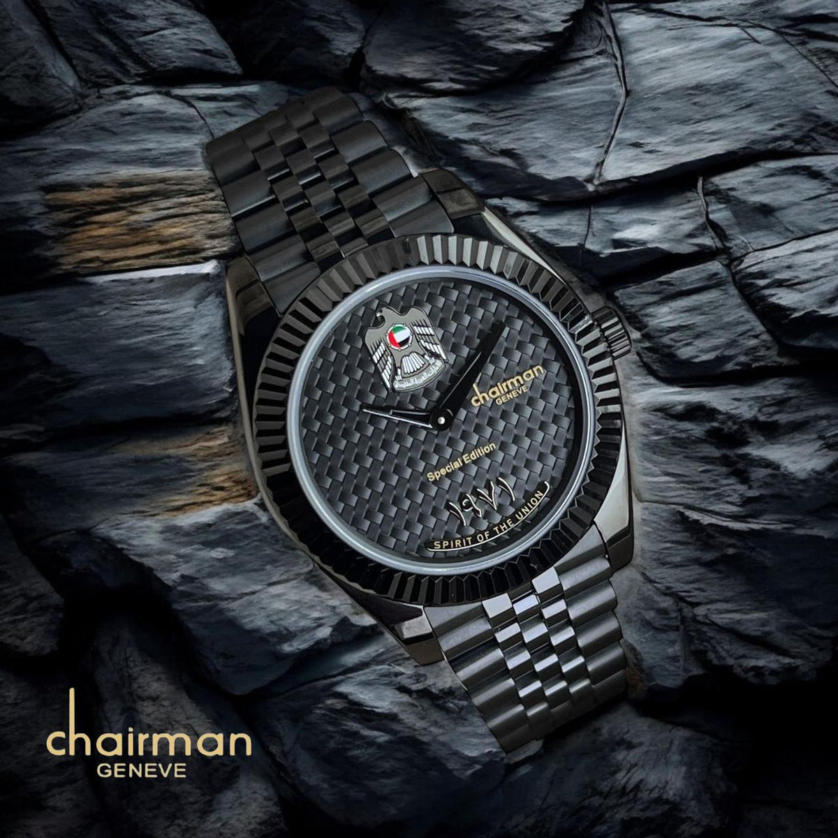 Abu Dhabi Flag Embed Watch Chairman Geneve Black Dial Swiss Made Black Chain Strap