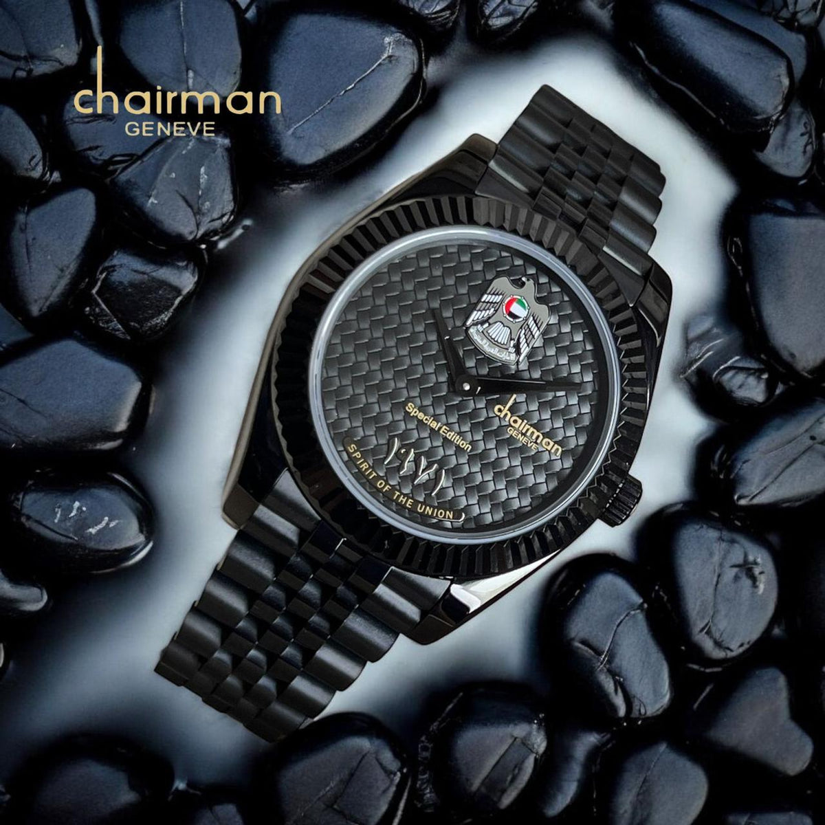 Abu Dhabi Flag Embed Watch Chairman Geneve Black Dial Swiss Made Black Chain Strap