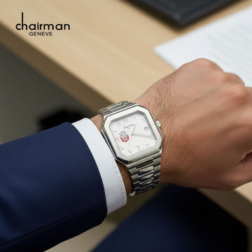 Chairman Geneve ABU DHABI Emblem Arabic Dated White Dial Silver Chain Gents Watch