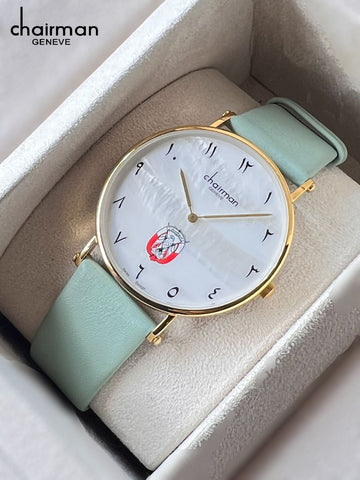 Chairman Geneve ABU DHABI Emblem Arabic White Dial Pastel Green Strap Gents Watch