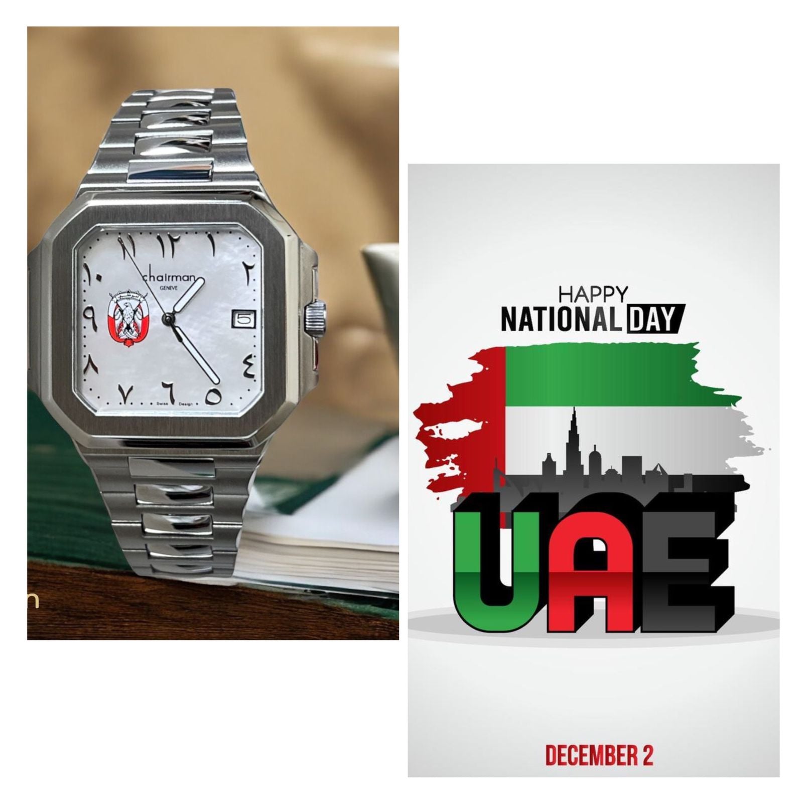 Chairman Geneve ABU DHABI Emblem Dated Arabic White Dial Silver Chain Gents Watch