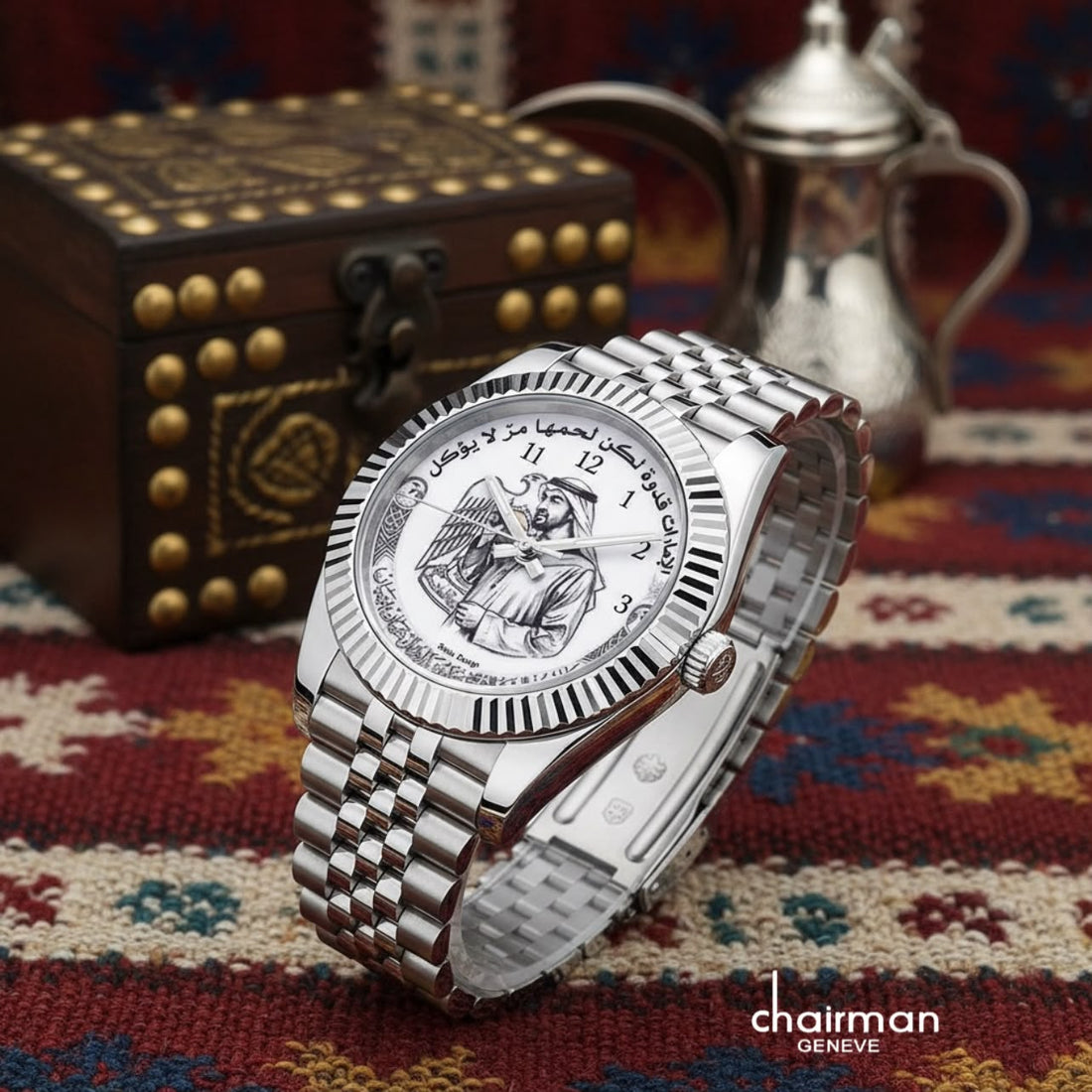 Chairman Geneve Aesthetic UAE Sheikh Flag Dial Silver Chain Gents Watch