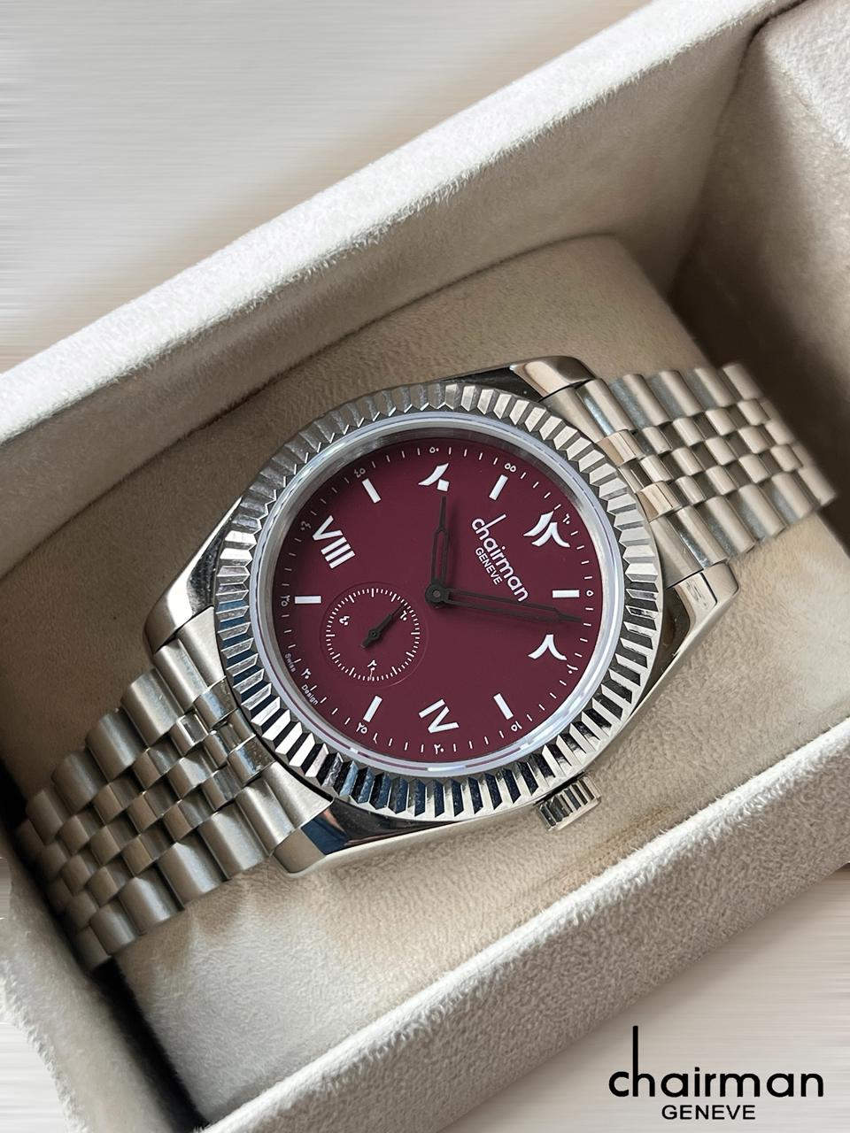 Chairman Geneve Arabic And Roman Maroon Dial Silver Chain Gents Watch