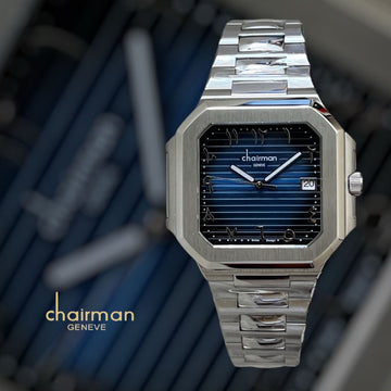 Chairman Geneve Arabic Dated Blue And Black Dial Silver Chain Gents Watch