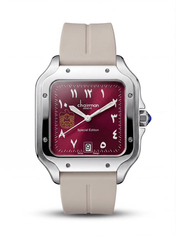 Chairman Geneve Arabic Dated Maroon Dial Grey Strap Gents Watch