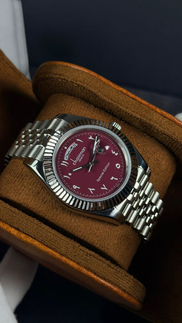 Chairman Geneve Arabic Dated Maroon Dial Silver Chain Gents Watch