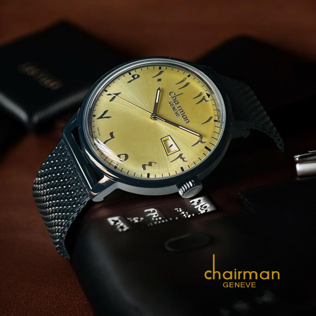 Chairman Geneve Arabic Dated Yellow Dial Black Chain Gents Watch