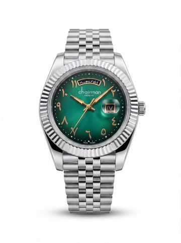 Chairman Geneve Arabic Day And Dated Green Dial Silver Chain Gents Watch