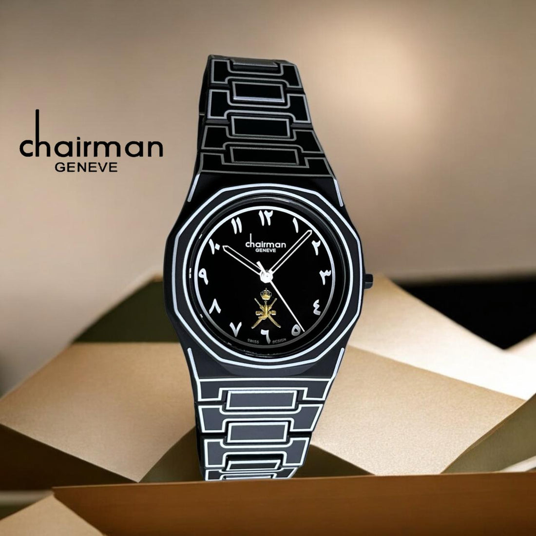 Chairman Geneve Arabic Dial Black And White Poly Carbon Gents Watch