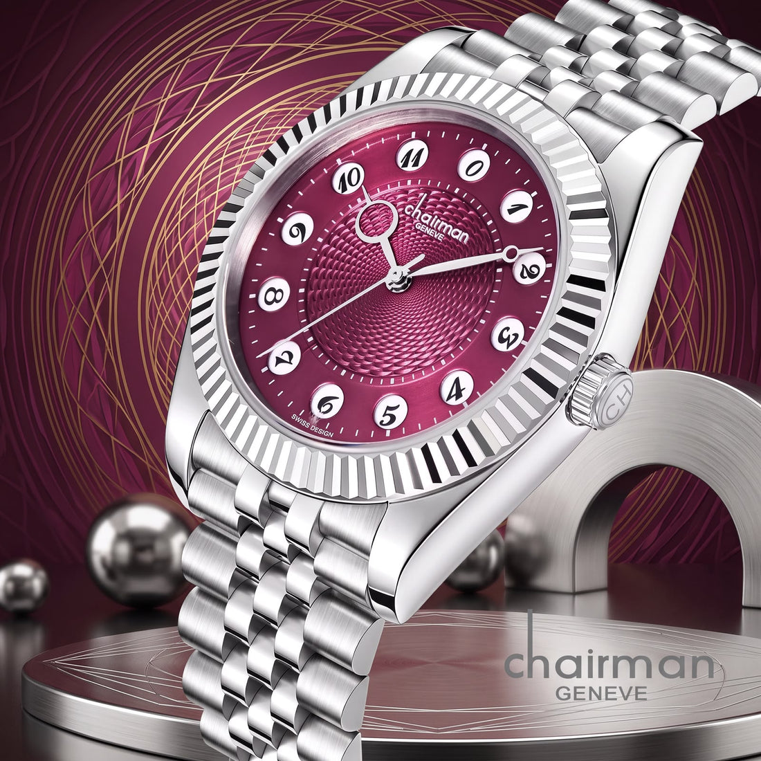 Chairman Geneve Maroon Dial Silver Chain Gents Watch