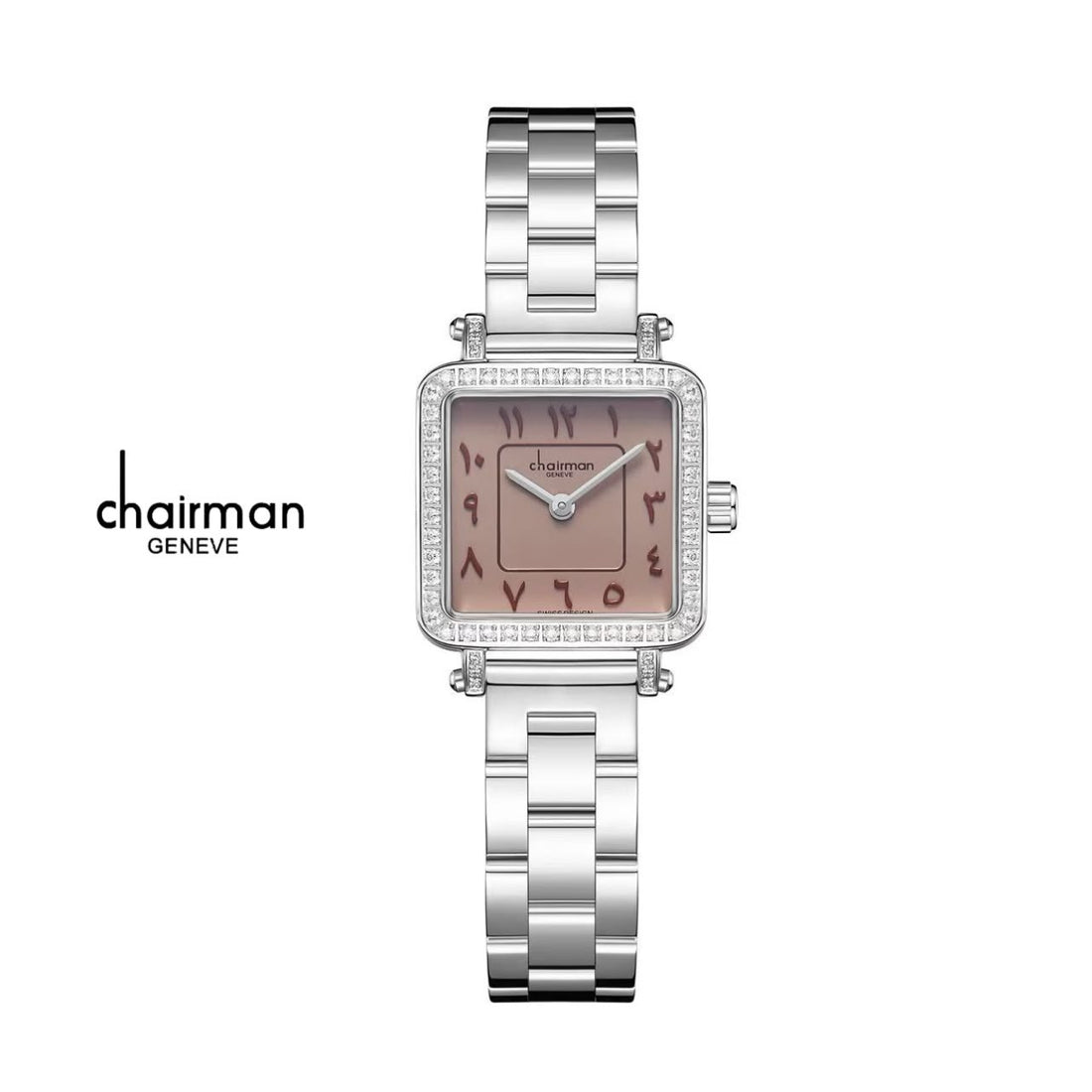 Chairman Geneve Arabic Pink Dial Stone Case Silver Chain Women Watch