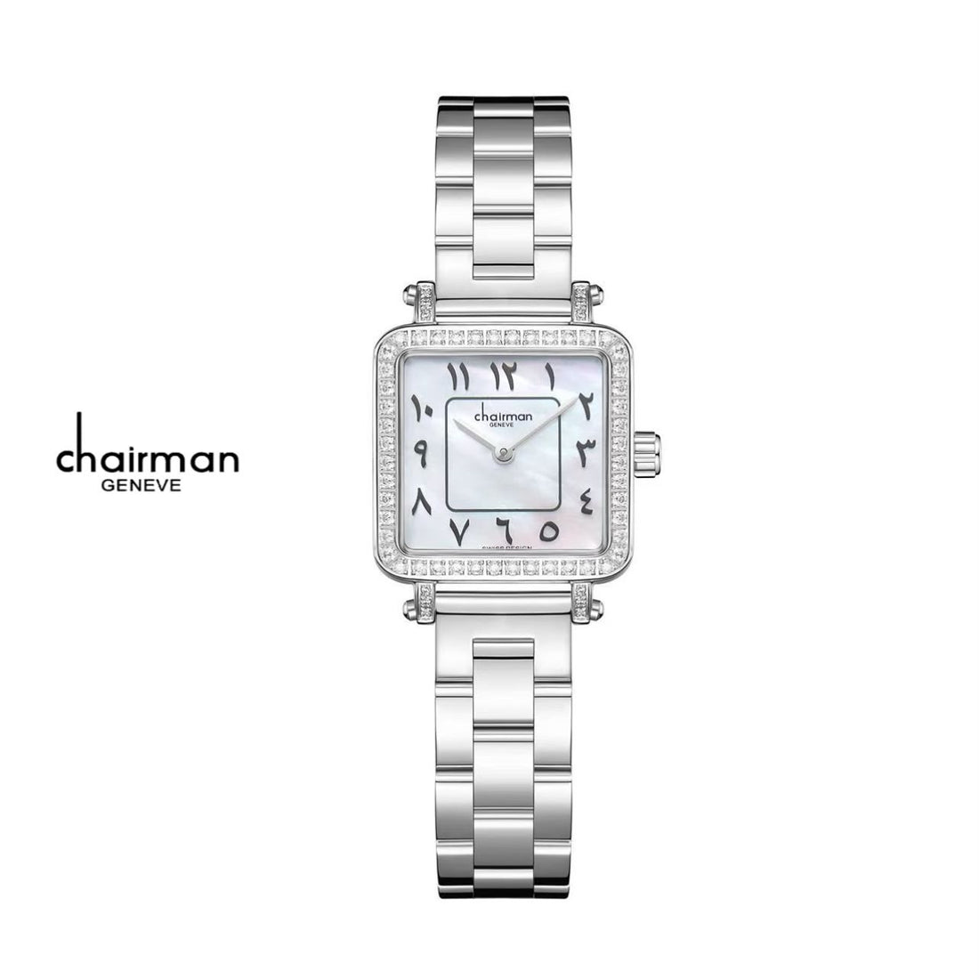 Chairman Geneve Arabic White Dal Stone Case Silver Chain Women Watch