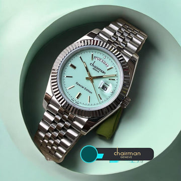 Chairman Geneve Baby Blue Day And Dated Dial Silver Chain Gents Watch