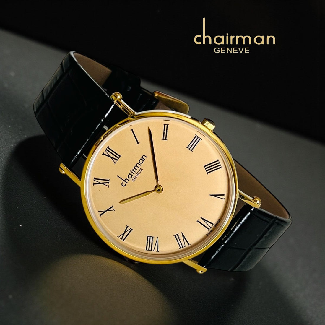 Chairman Geneve Beige Roman Dial Black Strap Gents Watch