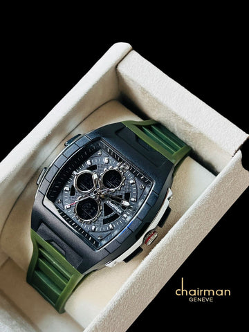 Chairman Geneve Black And Silver Dated Dial Green Strap Gents Watch