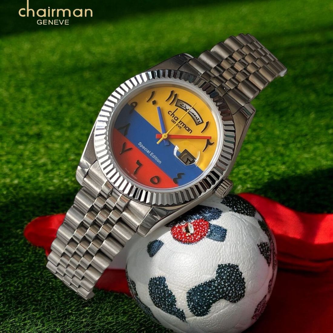 Chairman Geneve COLOMBIA Flag Dated Arabic Dial Silver Chain Gents Watch