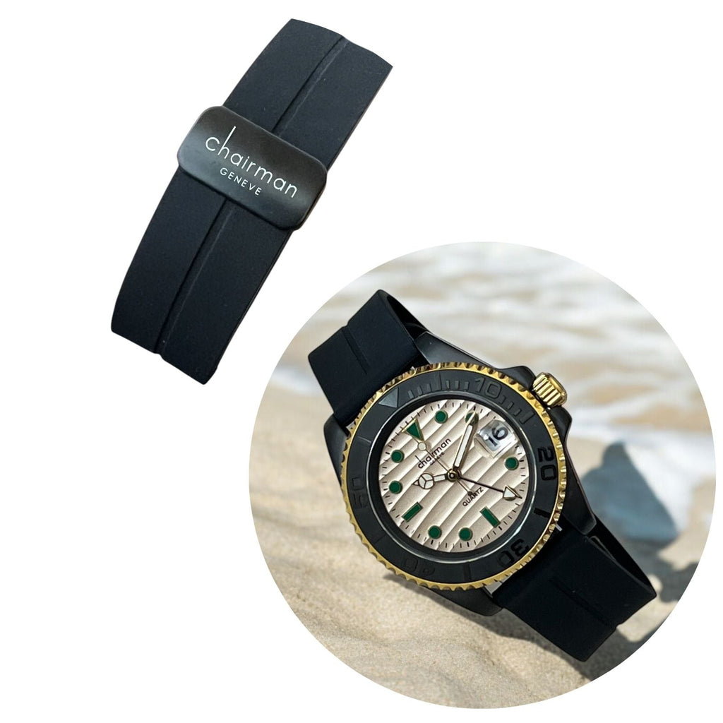 Chairman Geneve Cream Dated Dial Black Strap Unisex Watch