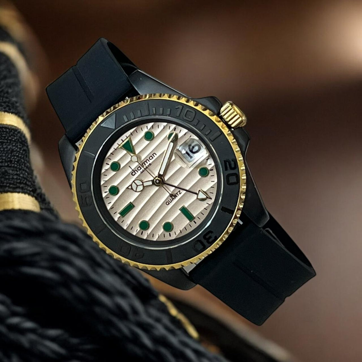 Chairman Geneve Cream Dated Dial Black Strap Unisex Watch