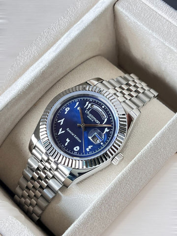 Chairman Geneve Dated Arabic Blue Dial Silver Chain Gents Watch