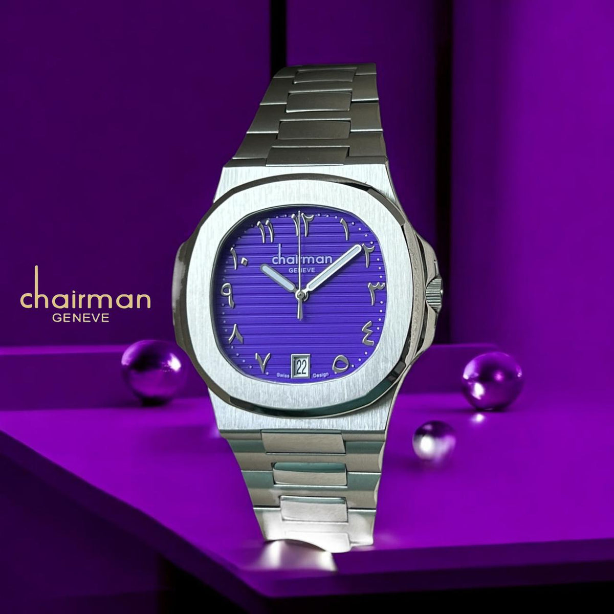 Chairman Geneve Dated Arabic Purple Dial Silver Chain Gents Watch