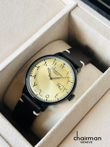 Chairman Geneve Dated Arabic Yellow Dial Black Strap Gents Watch